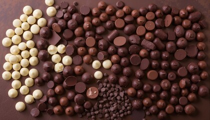Assortment of fine chocolate candies, white, dark, and milk chocolate Sweets background. Copy space. Top view.
