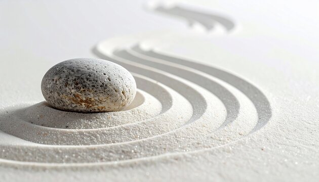 A single stone sits within a carefully raked sand garden, evoking serenity and peace
