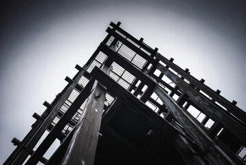The view shows the top of a tall building under construction. The metal framework reaches upward with a gloomy sky in the background. This scene is typical of a city setting