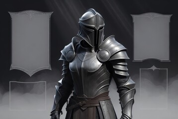 A knight stands in detailed armor with a helmet in a digital space. There are empty frames on each side where graphics can be placed. Light shines from above