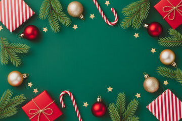 Festive Christmas Decorations with Gifts and Ornaments on Green Background