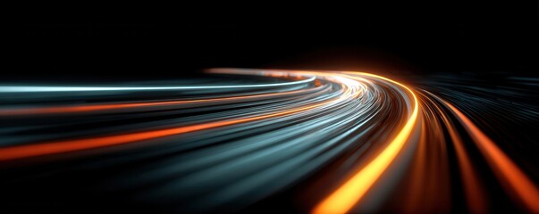 Abstract neon light paths swirling on black background, conveying speed, motion, and futuristic energy
