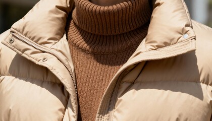 Close-up detail of a layered winter outfit. A person wearing a beige puffer jacket and a brown knit turtleneck sweater. Cozy autumn and winter fashion style