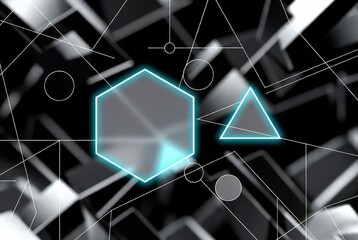 Shapes like hexagons, triangles, and circles appear in a digital arrangement. Lines connect these shapes, creating a modern scene. The background features contrasting colors