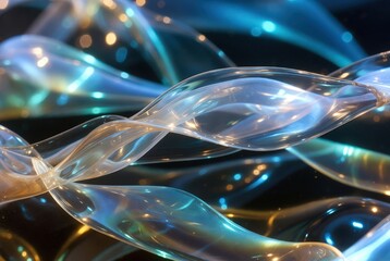 Twisted strands of clear and colored material lie on a dark surface. The light reflects off the strands, creating an interesting pattern in different colors and shapes