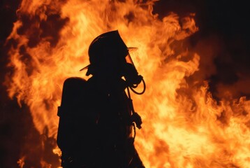A firefighter is visible against a backdrop of bright flames. The scene shows the intensity of a fire emergency at night. The firefighter wears protective gear and a helmet