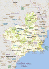 Naklejka premium Geographic Map of the Region of Murcia, Spain with Cities and Natural Areas
