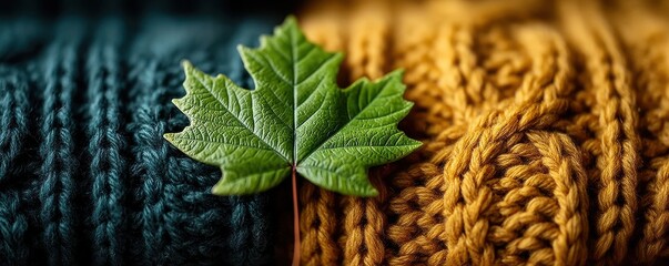 Maple leaf rests on a chunky knitted sweater in warm autumn colors, cozy natural scene