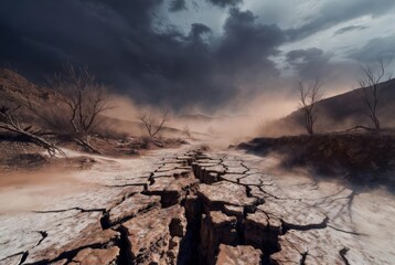 Cracked earth stretches across the scene with dry patches under a dark sky filled with thick clouds. Sparse trees stand in the distant background amid dusty air and rough terrain