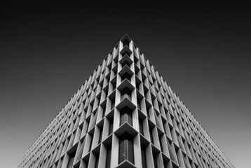 A modern building stands tall with a distinct geometric design. The view from below highlights sharp lines and multiple surfaces, creating an interesting silhouette against the sky