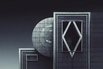 A building with geometric shapes and a dark surface. Different elements combine to create a unique visual. Shapes include circles and triangles