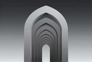 A series of arches create a pathway in a simple setting. The light background shifts from white to gray, emphasizing the shapes. This design focuses on lines and forms