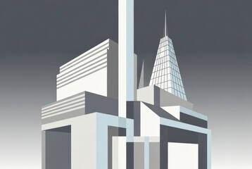 Tall buildings with sharp lines and geometric shapes are arranged in a compact urban setting during the day. Shadows fall on the structures, highlighting their design