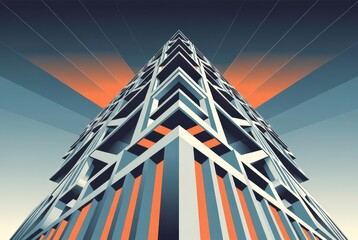 Design features a tall urban building with distinct geometric lines. The setting captures the skyline at sunset with bright colors and a unique perspective from below