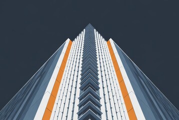 People can see the tall building from below, showing sharp lines and patterns that lead the eyes up toward the sky on a clear day. The building has sections in blue and orange