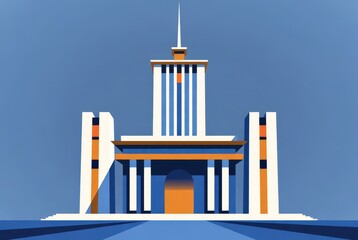 A tall building stands out against a clear blue sky. Its design features straight lines and bright colors, creating a striking visual. The structure has a prominent spire and multiple columns