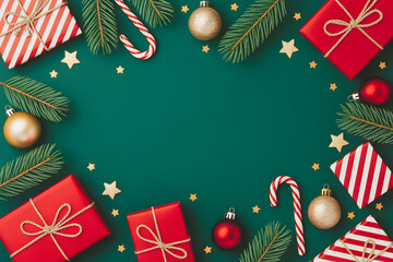 Festive Christmas Scene with Gifts and Decorations on Green Background