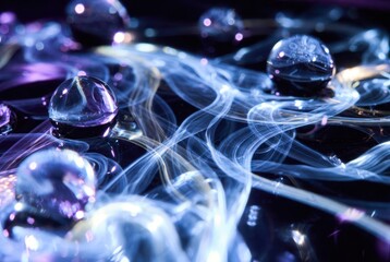 Droplets rest on a dark surface. Light creates reflections and patterns around the droplets. The scene captures movement and design during an evening event