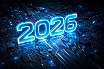 Glowing 2026 number on futuristic digital circuit board