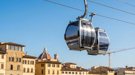Two modern metallic cable car cabins with large glass windows glide on an aerial tramway over a historic city skyline under a clear blue sky on a sunny day