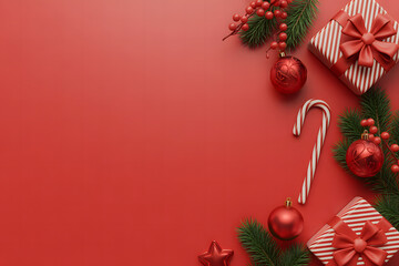 Red Christmas background with gifts candy cane and ornaments