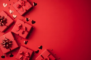 Red gift boxes with ribbons and heart decorations on vibrant red background