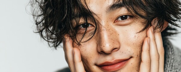 Close-up portrait of a young Japanese man with freckled skin and wavy hair looking at the camera