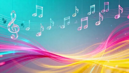Obraz premium Abstract music background with floating glass notes and colorful waves. 3D melody concept with treble clef and copy space