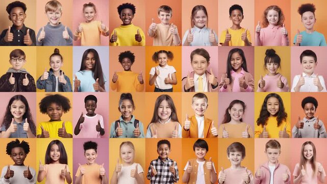 Smiling children collage with thumbs up. Happy multicultural kids smiling at camera. Generative AI