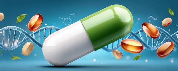 Capsule pill on a blue background with digital medical icons and futuristic biotech imagery