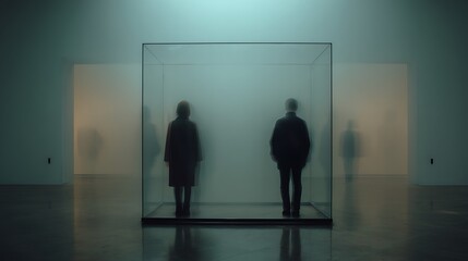 Obraz premium person standing still inside invisible glass walls, light refracting around them, symbol of unseen mental trap, minimalist fine art, muted colors — v 7 