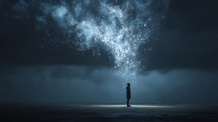 silhouette of a person standing under a storm cloud raining digital fragments, symbolizing mental overload and anxiety, cinematic lighting &mdash; v 7 