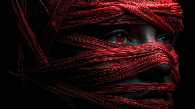 portrait of a person with red threads wrapping tightly around the head, glowing eyes, symbolic emotional suffocation, dramatic shadows &mdash; v 7 