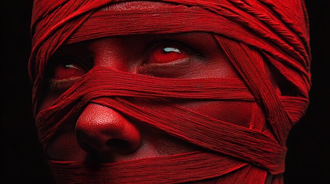 portrait of a person with red threads wrapping tightly around the head, glowing eyes, symbolic emotional suffocation, dramatic shadows &mdash; v 7 