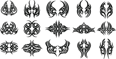 Collection of abstract tribal tattoo designs in black ink, showcasing intricate patterns and bold lines
