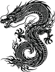 Majestic black dragon illustration with intricate scales and fiery mane, representing power and mythology.