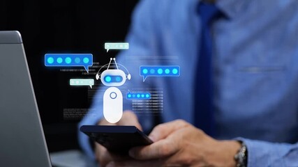 Businessman using AI robot virtual assistant chatbot on smartphone for smart business support and generative AI insights