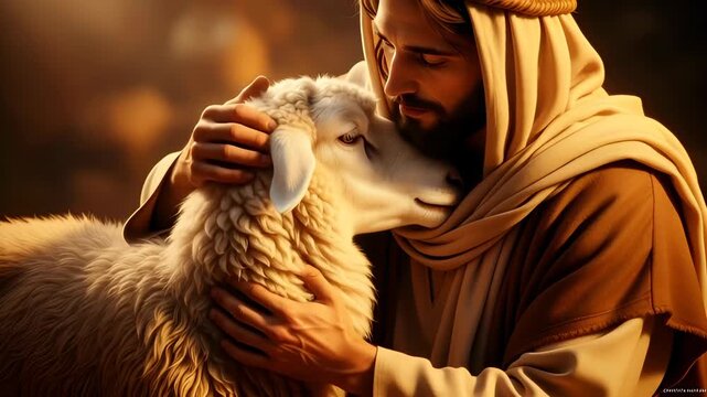 Jesus holds a gentle lamb, symbolizing Jesus as the Good Shepherd. A Christian concept for religious education, Easter, or faith-based messaging.