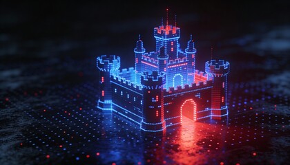 glowing digital firewall wall blocking cyber attack, cybersecurity protection concept 