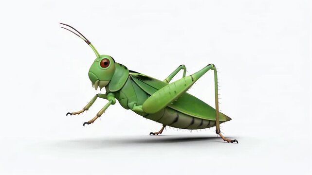 Green Grasshopper On White Background In Motion Frames.