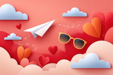 Dreamy paper plane with red hearts and clouds in a pink romantic sky scene