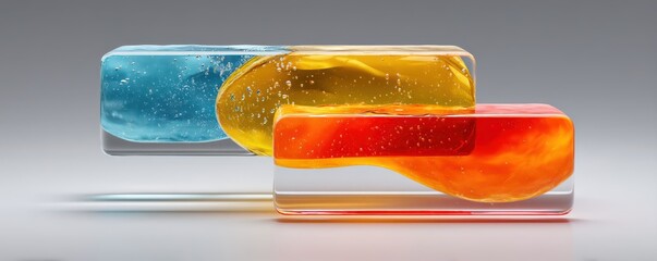 Colorful glass blocks with blue, yellow, and orange liquid create a modern abstract sculpture