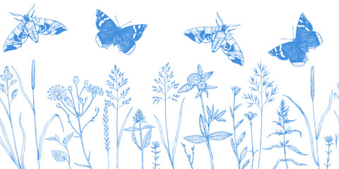 Seamless border with meadow plants, wild cereals and butterflies in sketchy hand-drawn style. Ink drawing, vector illustration.