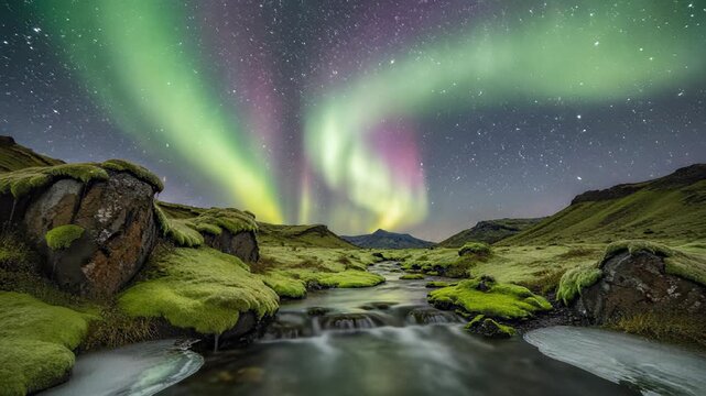 Aurora borealis casts ethereal glow over serene stream meandering through lush green valley surrounded by towering trees, capturing the enchanting concept of celestial magic in harmony with.