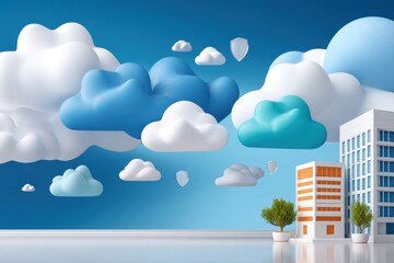 Vector illustration of a cloud server with flat design, shields, and data center