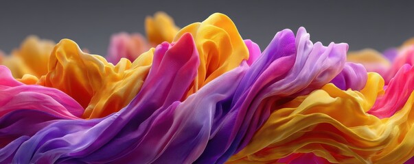 Vibrant color fabric waves in motion creating a bold purple pink yellow orange flow of silk and chiffon