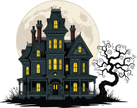 Haunted Victorian house with full moon, spooky tree, Halloween horror scene, eerie atmosphere, flat vector illustration, dark mystery design