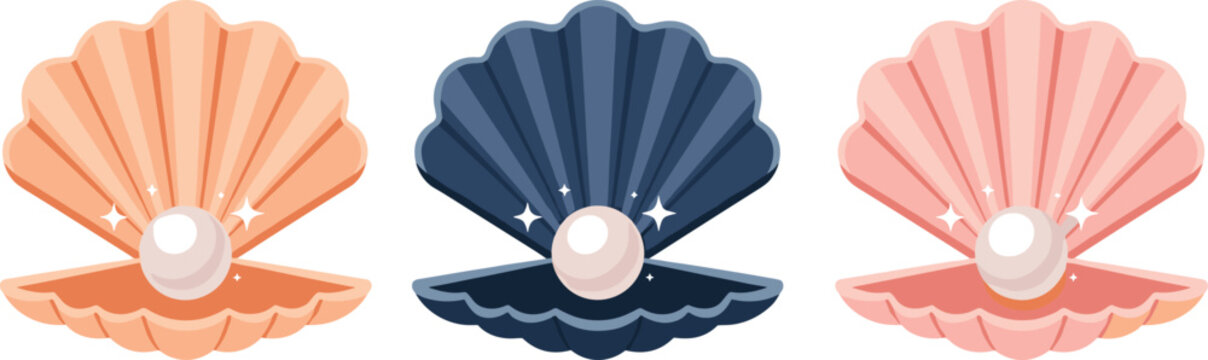 Open clam shells with shiny pearls, colorful treasure icons, nature gem concept, flat vector illustration, decorative marine design