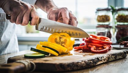 Chef's hands with a sharp Santoku knife slicing fresh yellow and red bell peppers and zucchini on a rustic wooden cutting board in a bright, modern kitchen setting