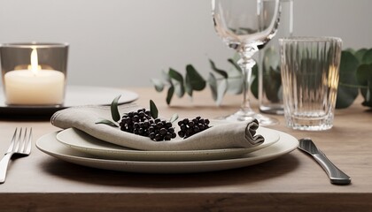 Elegant ceramic plate with a folded linen napkin decorated with dark berries, part of a sophisticated table setting with candlelight for a romantic dinner